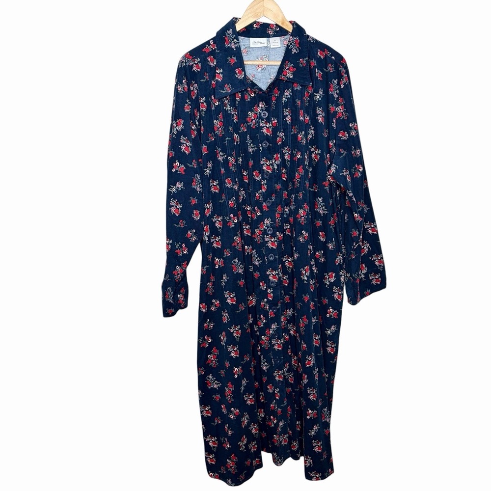 Vermont Country Store Corduroy Floral Dress Womens 3X Pleated Maxi Cottagecore